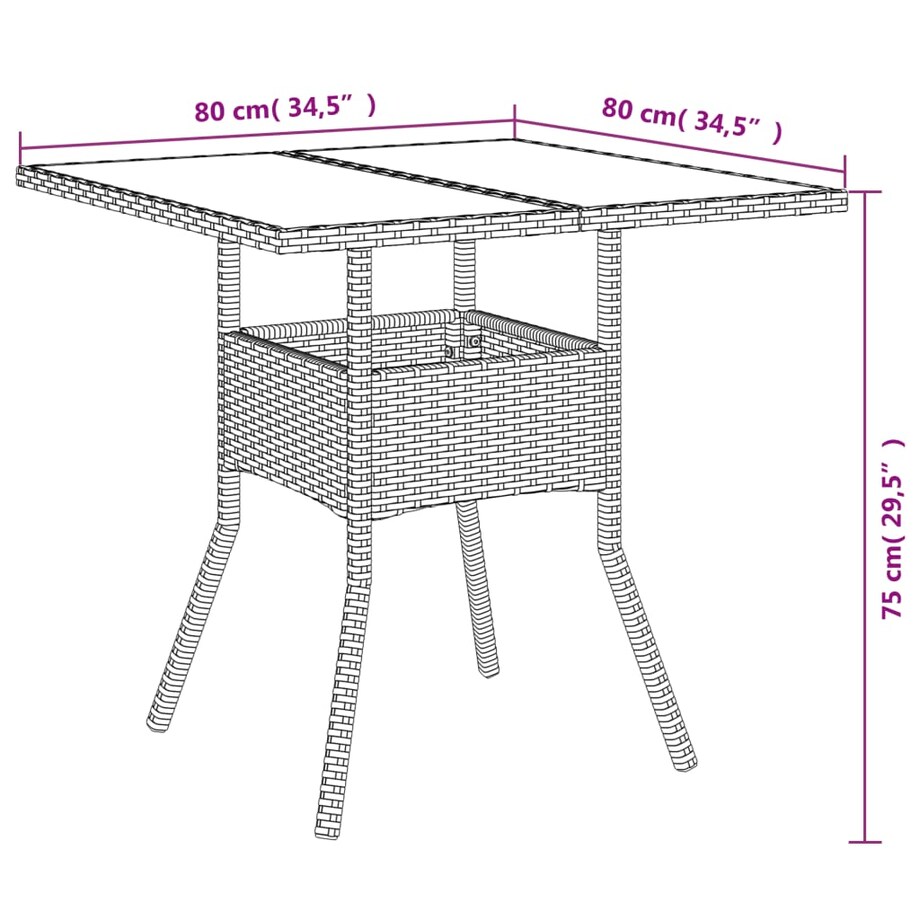 vidaXL Stół ogrodowy ze szklanym blatem, czarny, 80x80x75cm, rattan PE