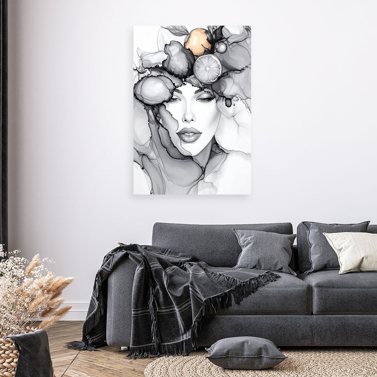 Obraz czarno biały do salonu kuchni, Kobieta z owocami na głowie 40x60