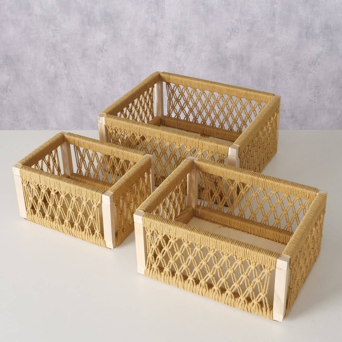 Skrzynki drewniane Winny z dekoracyjną plecionką, 3 sztuki