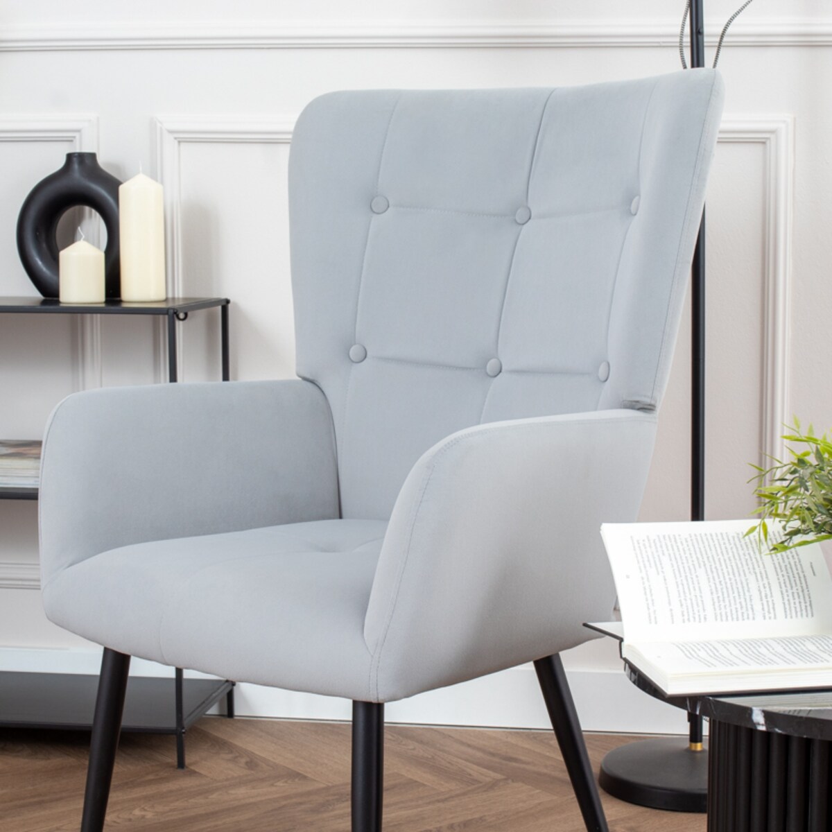 Fotel do salonu wypoczynkowy uszak szary welurowy wygodny tapicerowany