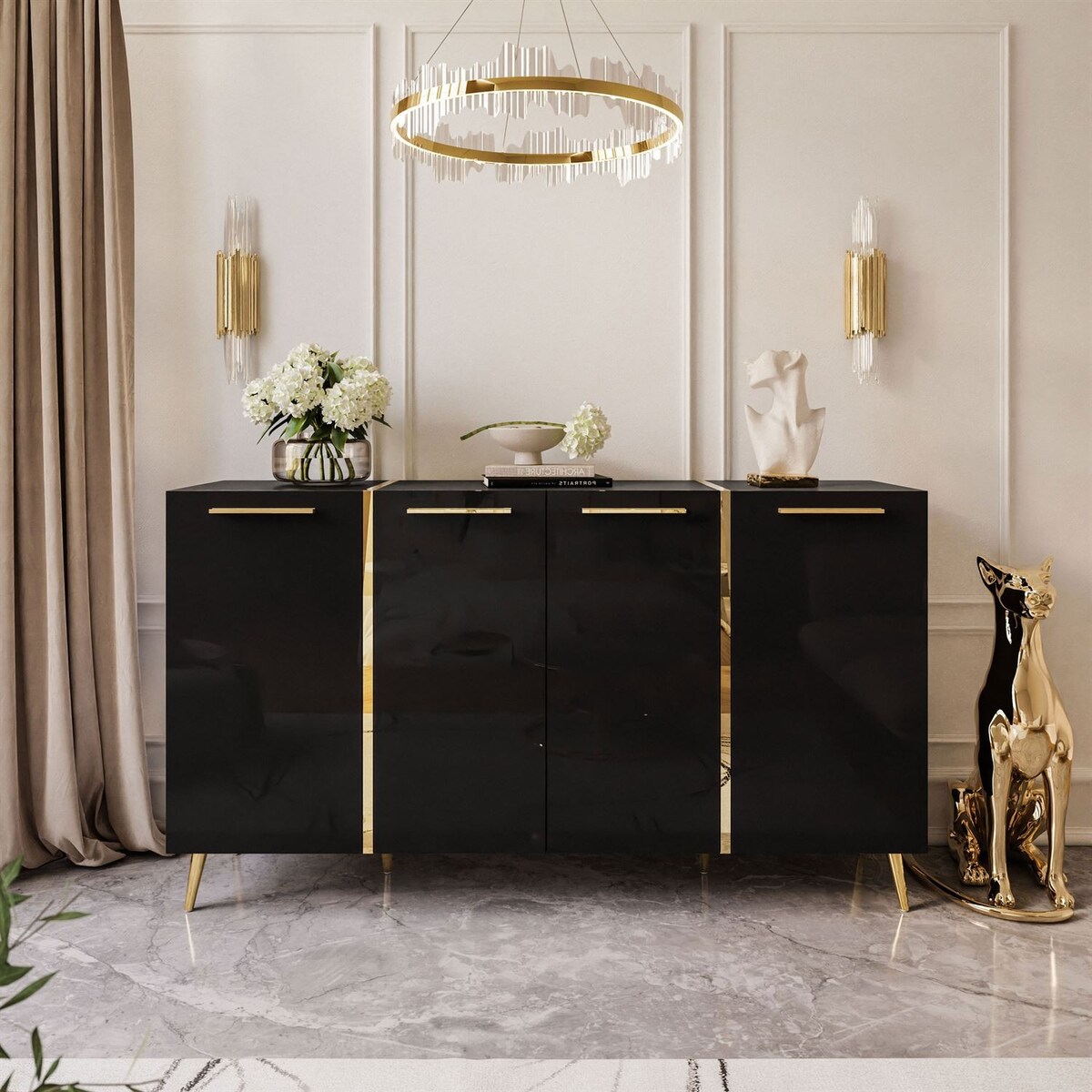 Komoda ONYX 4D 158 cm na złotych nóżkach, czarna, uchwyty złote