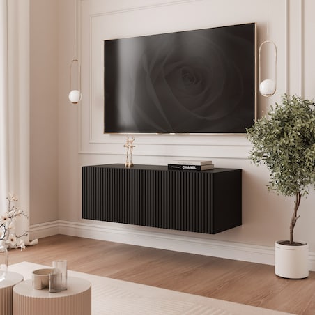 Szafka RTV wisząca CZARNA ANGEL ryflowana 100 cm z oświetleniem LED