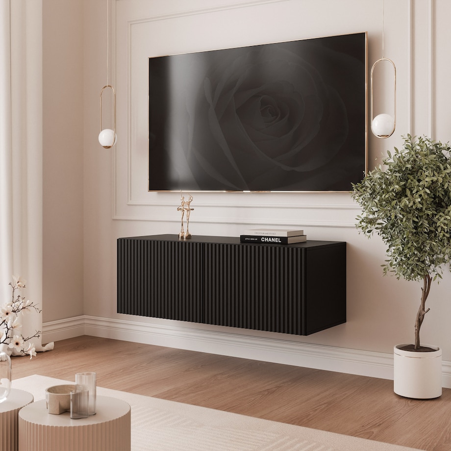 Szafka RTV wisząca CZARNA ANGEL ryflowana 100 cm z oświetleniem LED