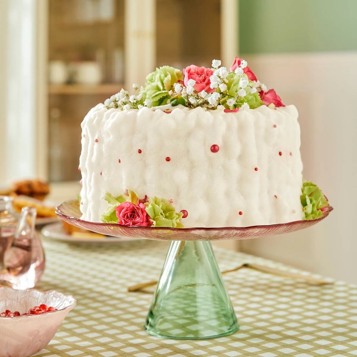 Patera na ciasto, szklana, różowo-zielona, Fleur de rose, 28 cm