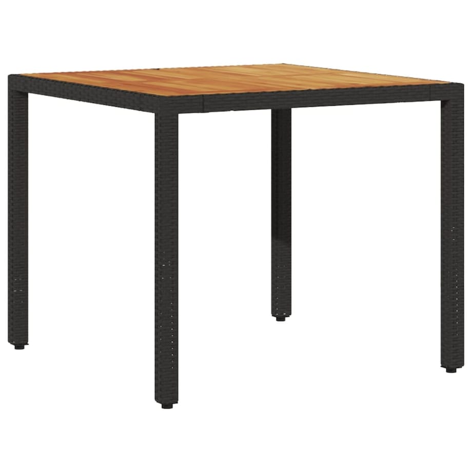 vidaXL Stół ogrodowy z akacjowym blatem, czarny, 90x90x75cm, rattan PE