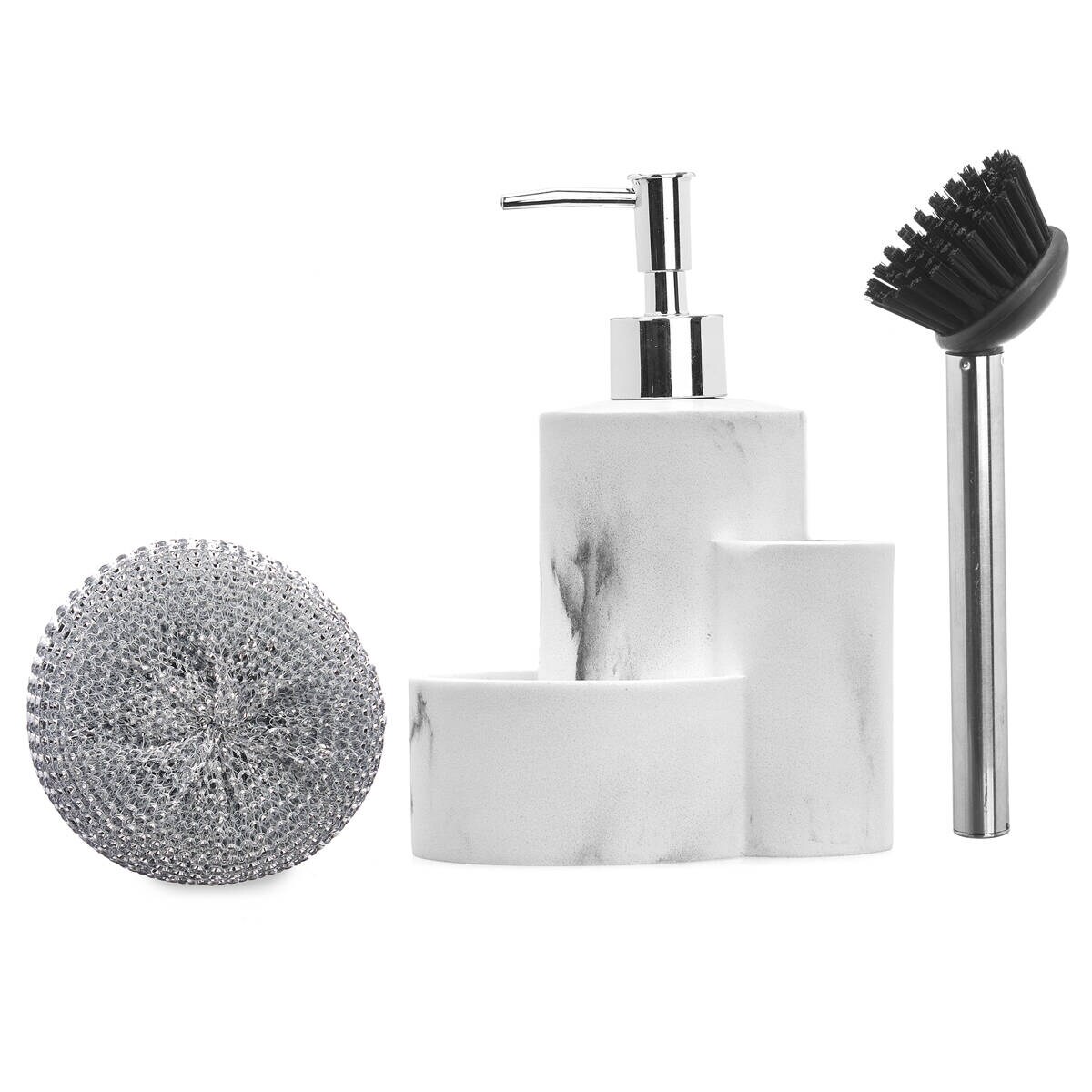 Dozownik do płynu do naczyń, wzór marmuru, szczotka + druciak