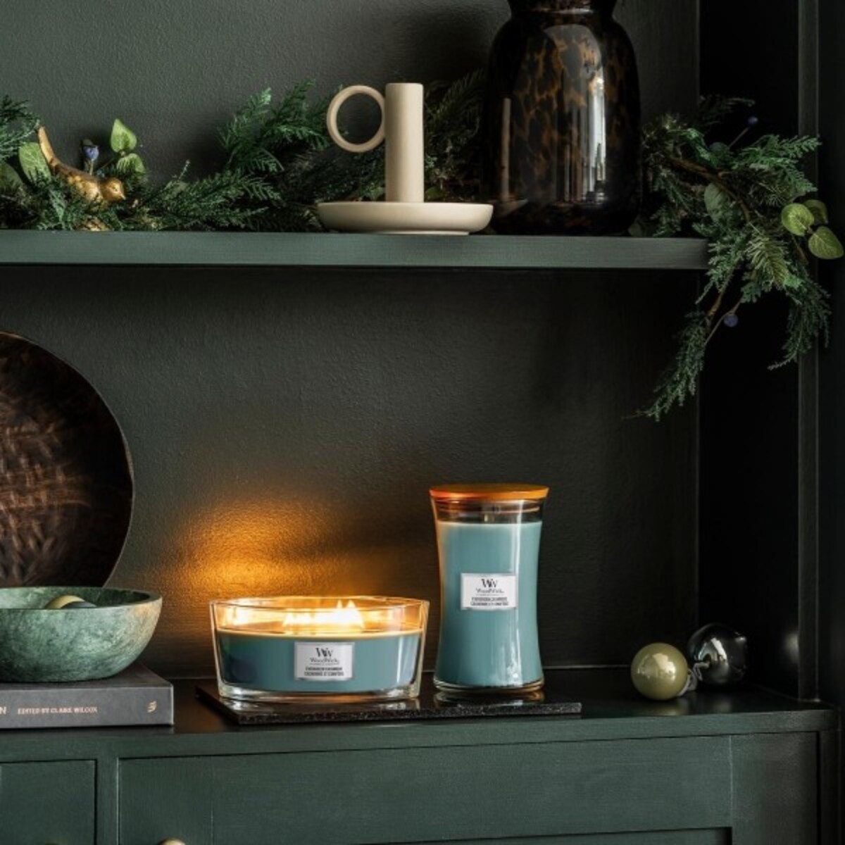 WoodWick świeca duża EVERGREEN CASHMERE