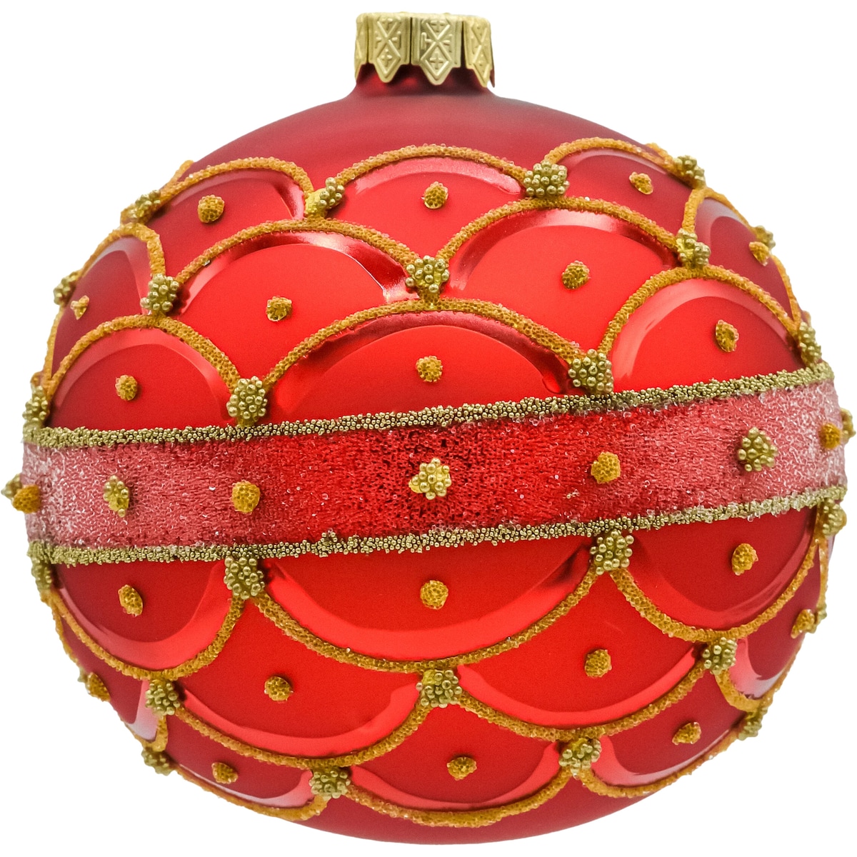 Bombki okrągłe czerwone ze złotą koronką