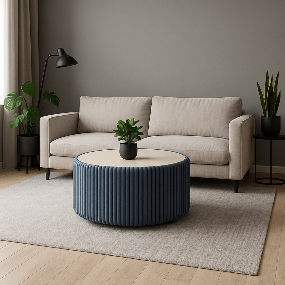 Stolik okrągły kawowy tapicerowany MIJA w tkaninie Tilia, grafitowy