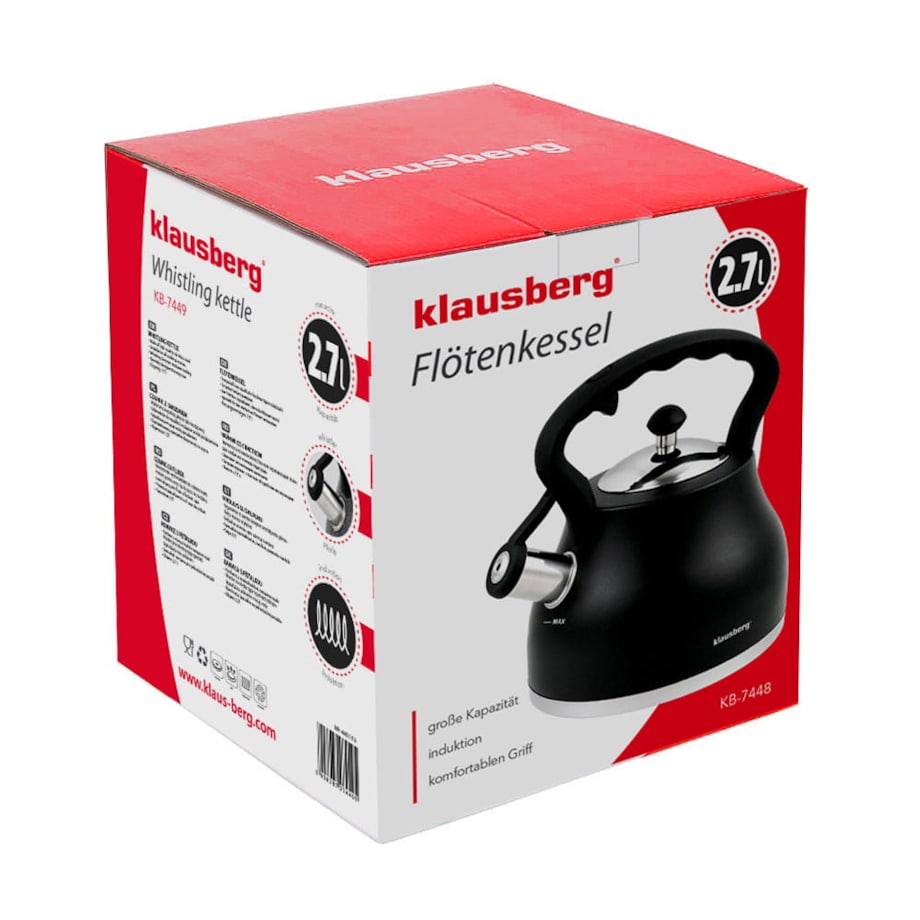 Czajnik stalowy z gwizdkiem 2.7L grube dno czarny KLAUSBERG