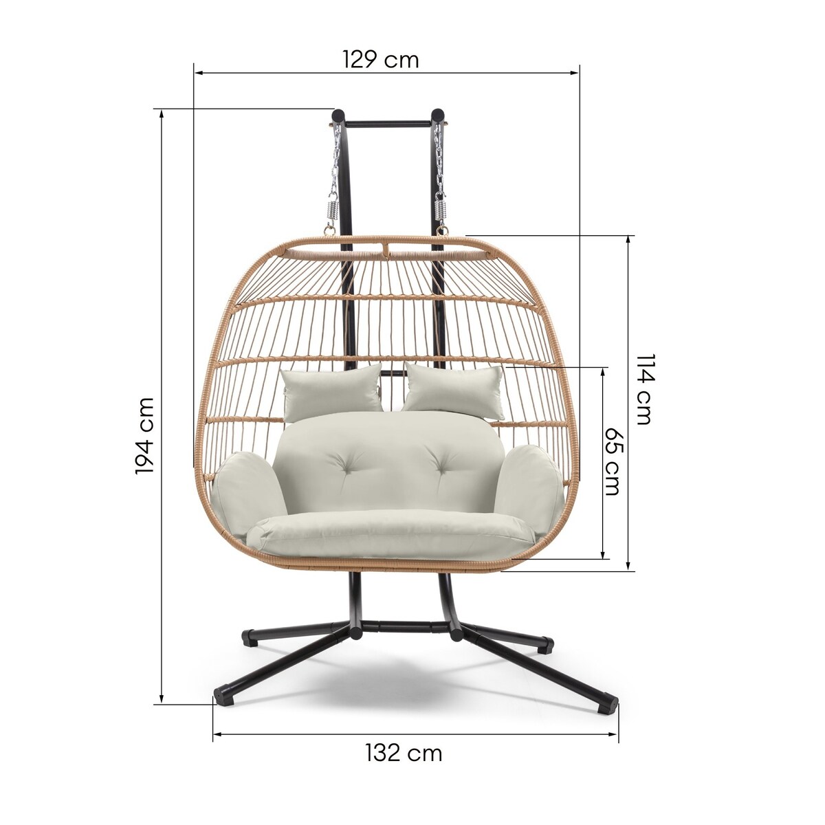 Fotel wiszący kokon, technorattanowy, kremowy, podwójny Hasi