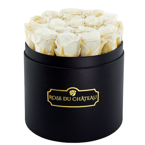Białe Wieczne Róże w Czarnym Okrągłym Boxie
