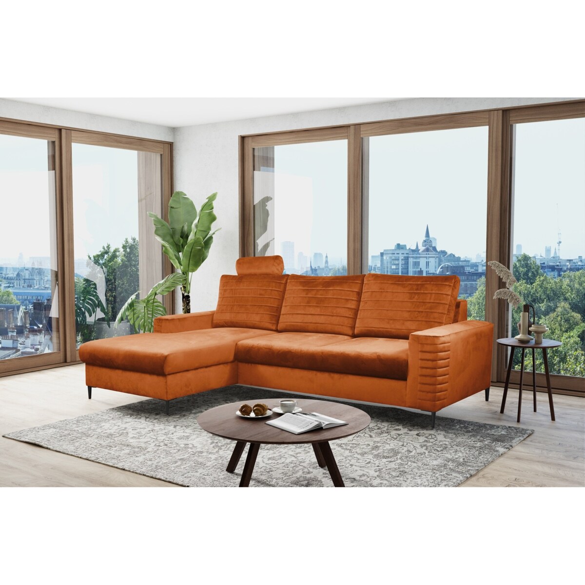 Narożnik rozkładany z zagłówkiem i pojemnikiem OLI, lewostronny, rdzawy