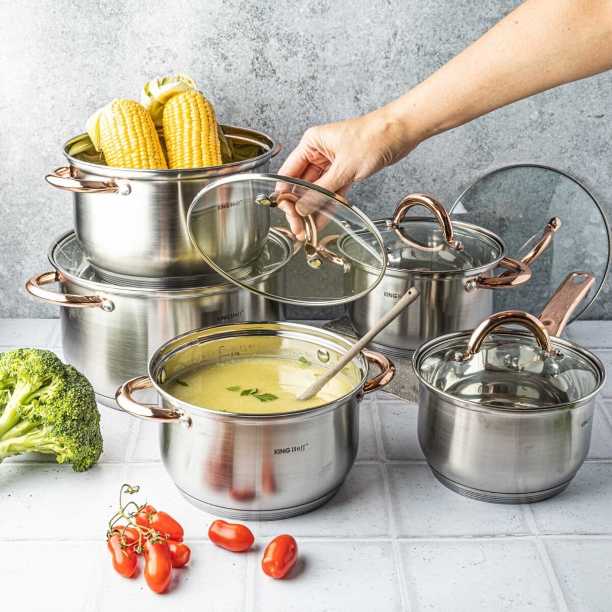 Zestaw garnków stalowych 10 ele. garnki na indukcję komplet Rosegold KINGHOFF