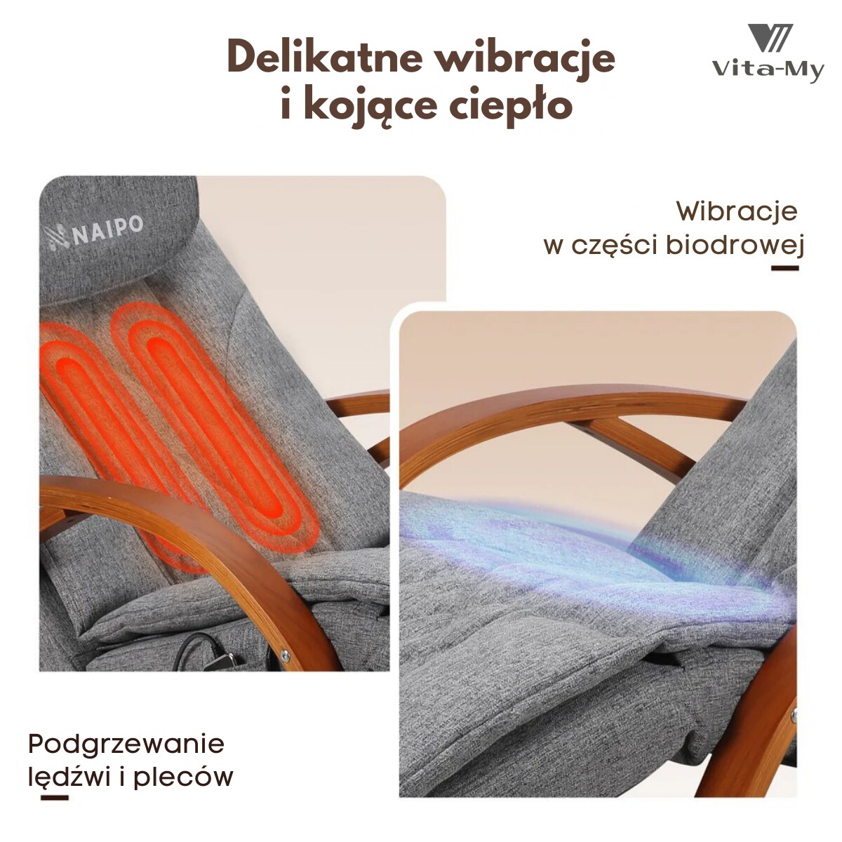 Fotel masujący bujany NAIPO MGC-2300P Vita-My drewniany podgrzewanie pilot