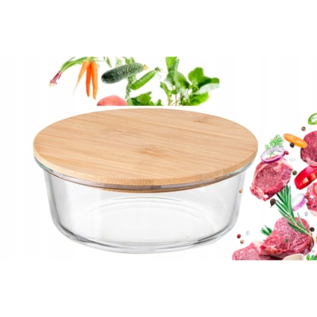 POJEMNIK SZKLANY okrągły z bambusową pokrywką 970ml na jedzenie owoce sery
