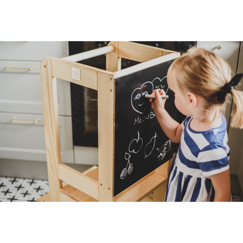 Kitchen Helper z Tablicą, Drewniany Pomocnik Kuchenny dla Dziecka, Naturalne drewno