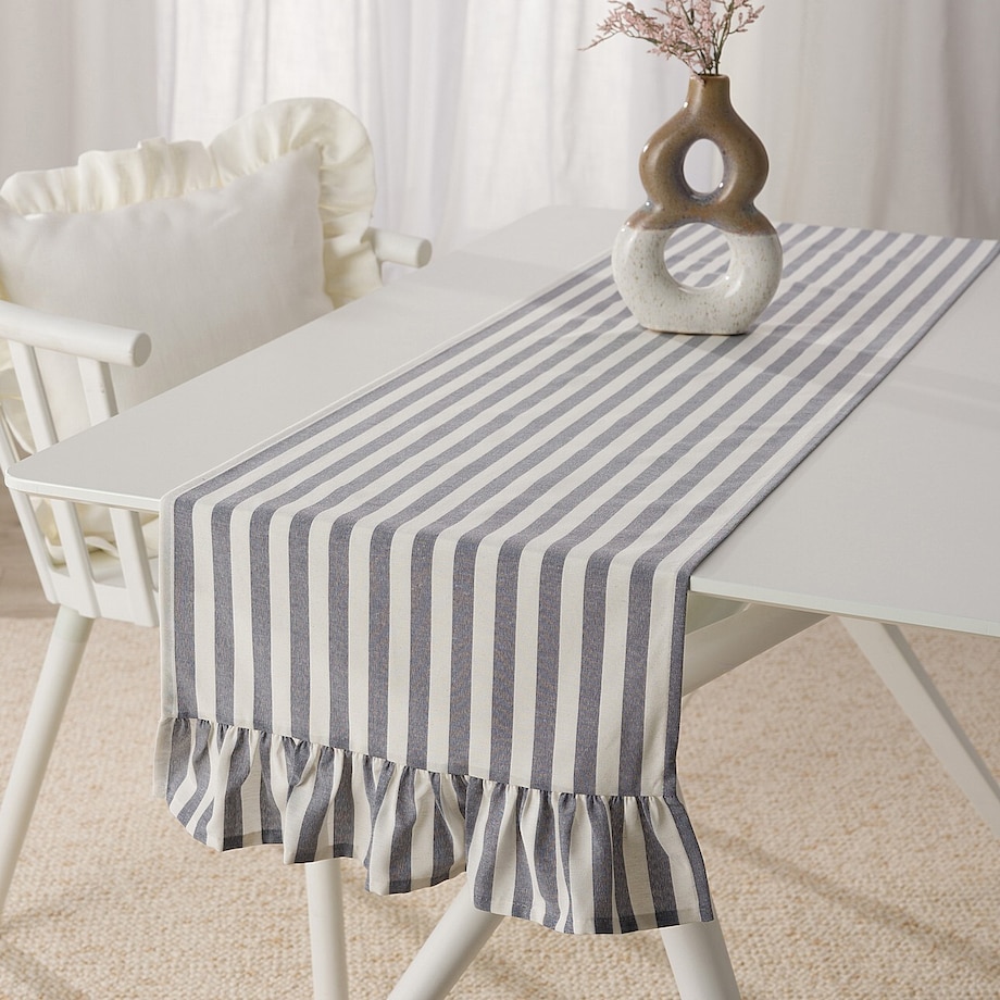 Bieżnik z falbaną 40x160 cm 40x160 granatowo-białe pasy (1,5cm)