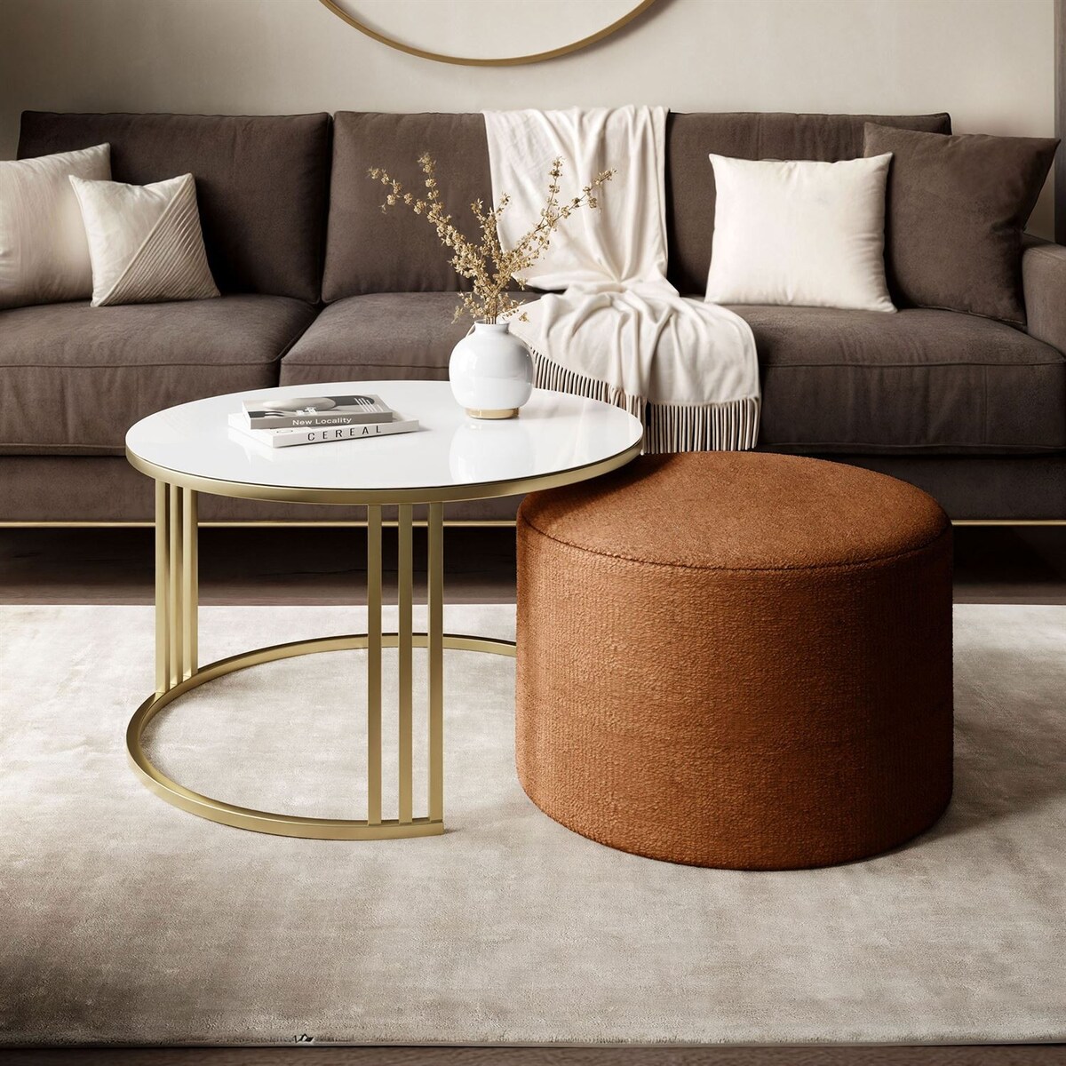 Stolik kawowy z pufą LORI GLASS złoto szczotkowane, białe szkło / Perfect Harmony 52