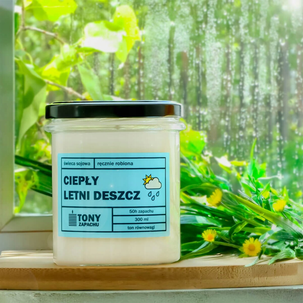 Naturalna ręcznie robiona świeca sojowa zapachowa w szkle CIEPŁY LETNI DESZCZ 50h palenia 300ml - prezent upominek dla kobiety mamy dziewczyny żony babci niej