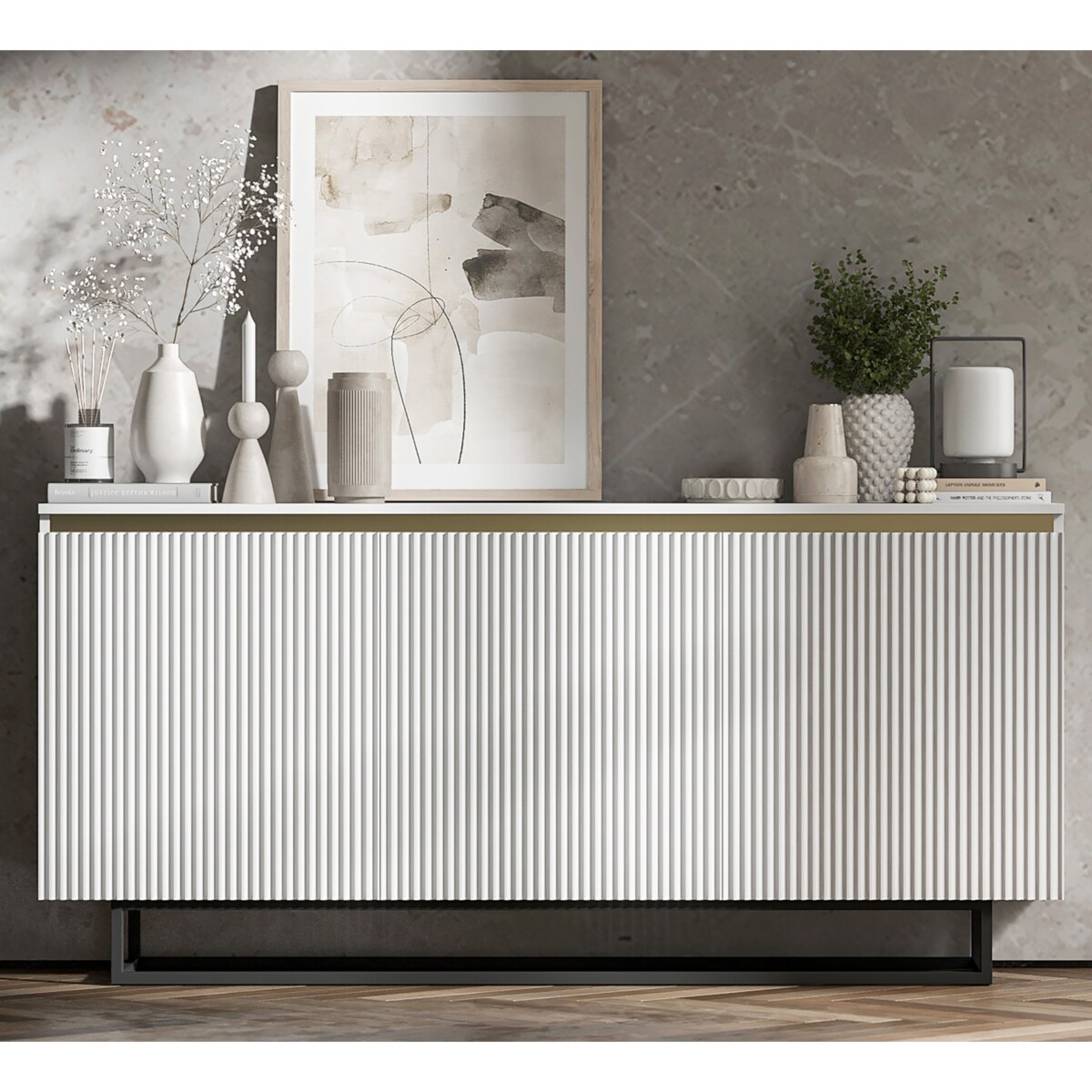 Komoda Glamour Szafka RTV Biały MAT ryflowane fronty czarny stelaż 166,8 cm