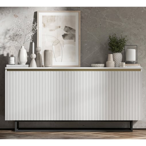 Komoda Glamour Szafka RTV Biały MAT ryflowane fronty czarny stelaż 166,8 cm
