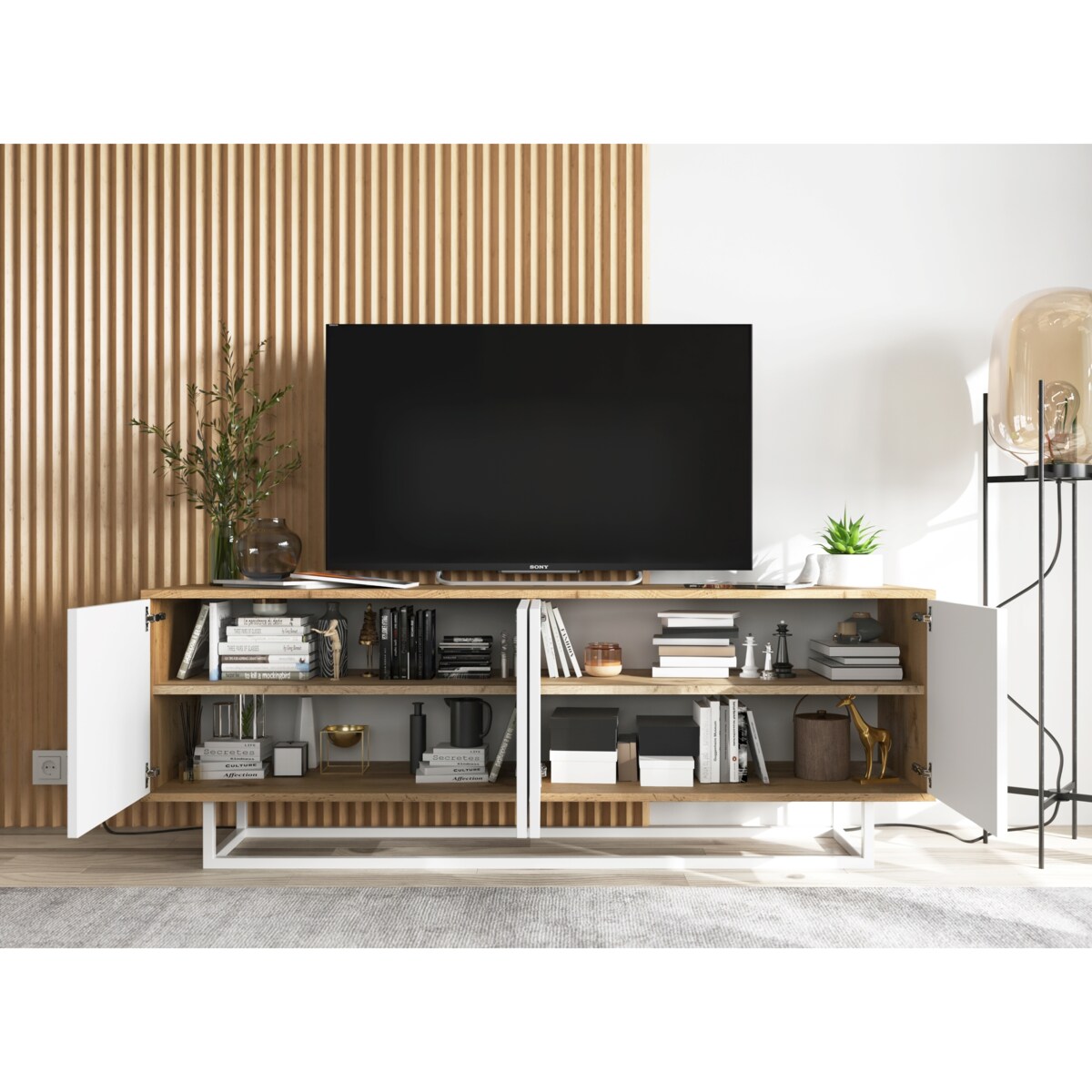 Industrialna Szafka RTV Loft Komoda RTV Dąb Wotan Biały MAT 150 cm