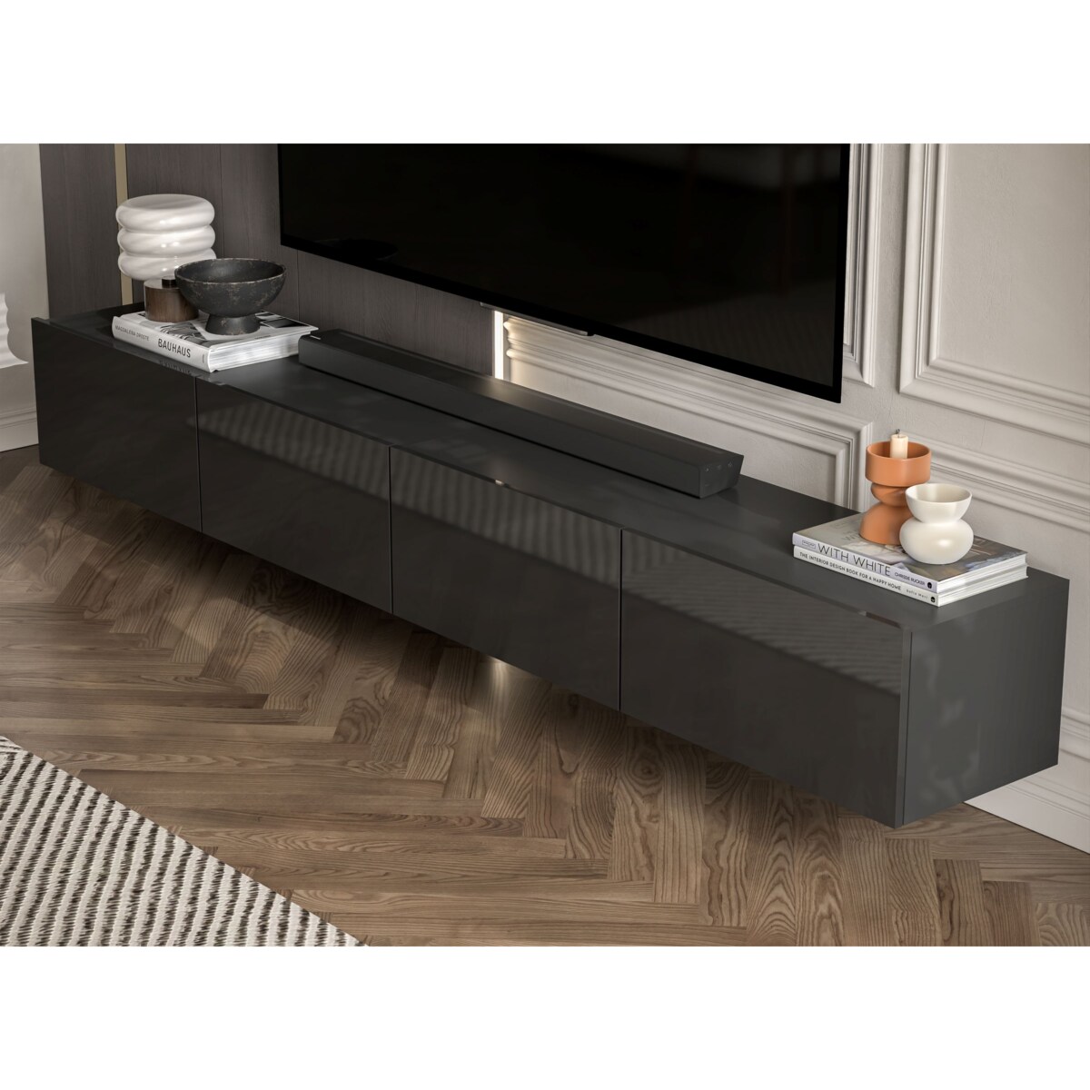 Szafka RTV Glamour Wisząca Komoda RTV Fronty Czarny połysk 240 cm