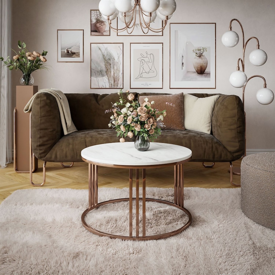 Okrągły stolik kawowy LORI mat z miedzianym stelażem, Marmur Levanto