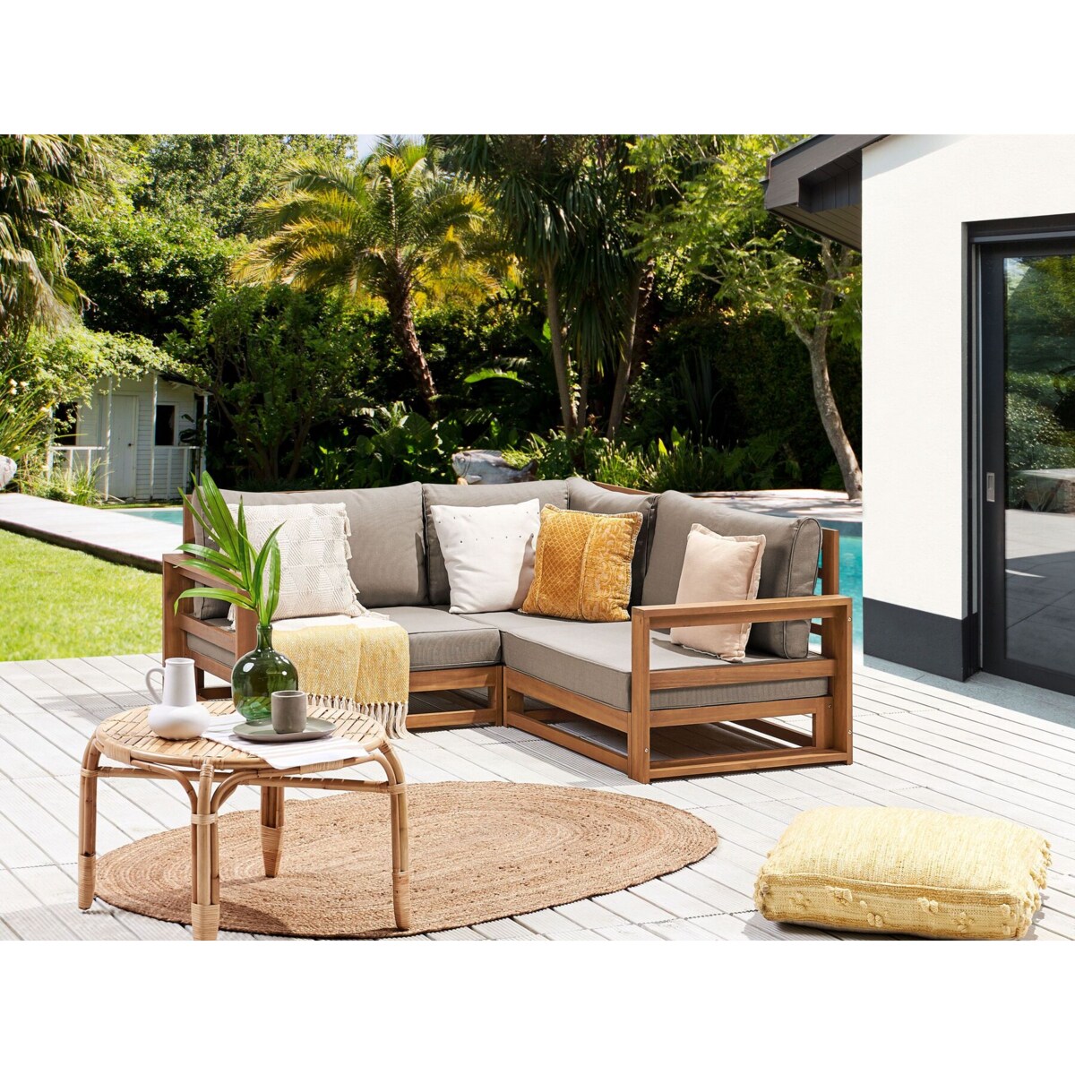 Sofa ogrodowa z-certyfikowanego-drewna-akacjowego 2-osobowa narożna jasna TIMOR II