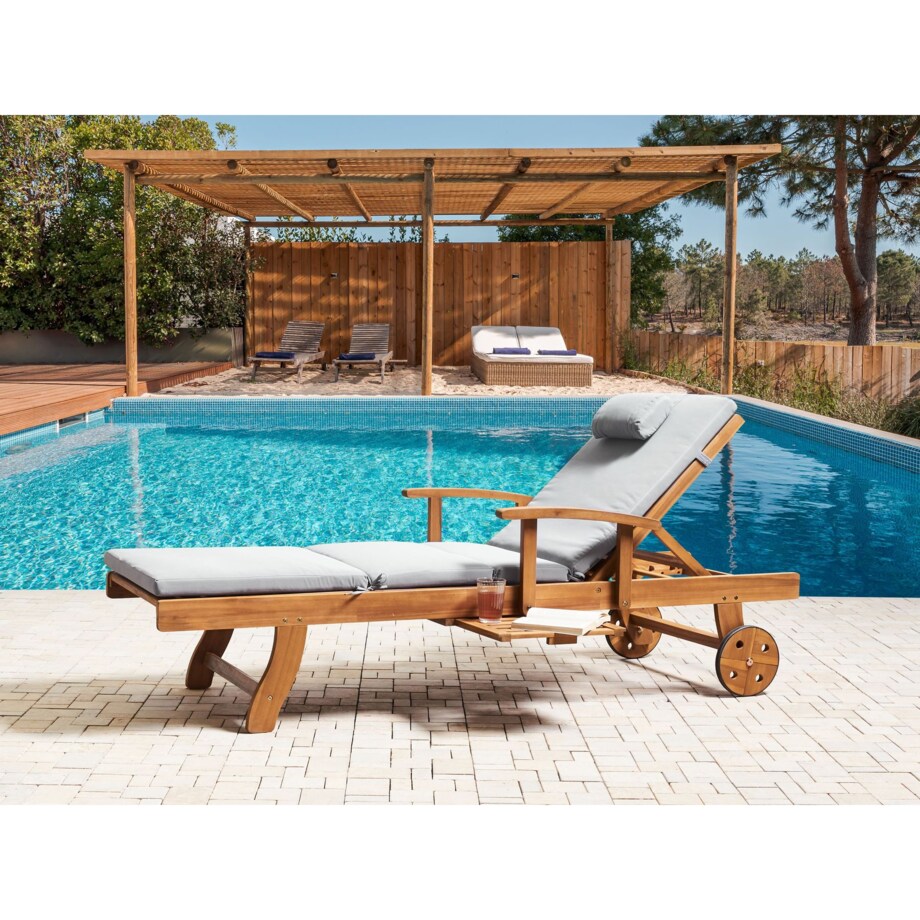 Leżak ogrodowy z poduszką JAVA PREMIUM Drewno akacjowe Jasnoszary