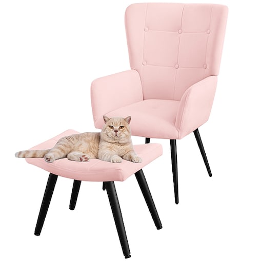 Fotel uszak z podnóżkiem do salonu wypoczynkowy welurowy tapicerowany różowy