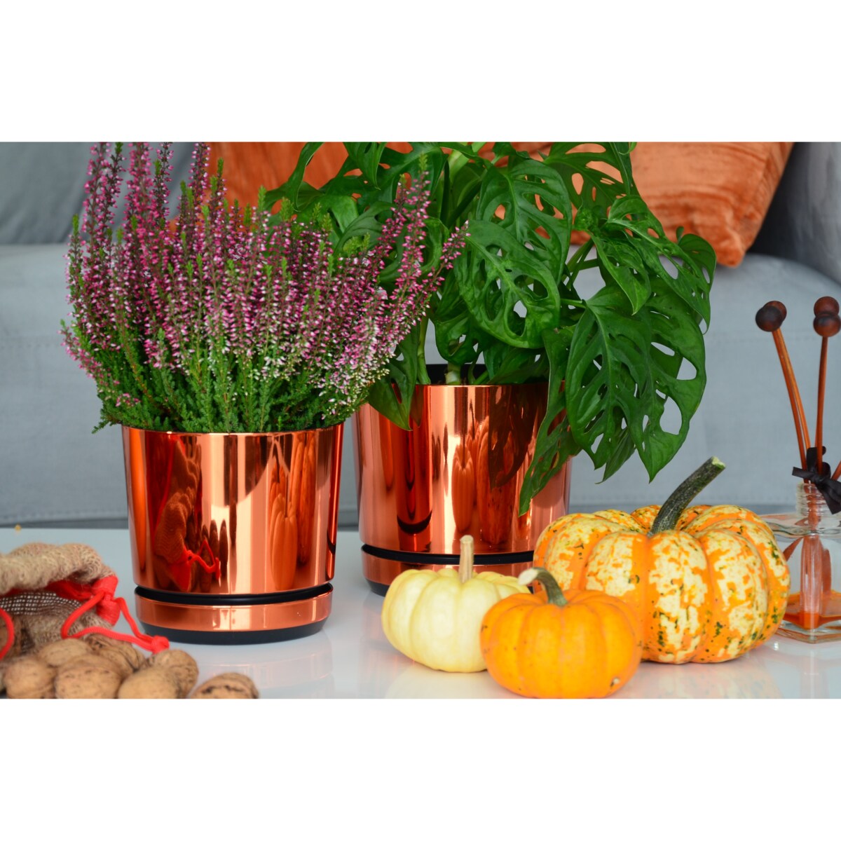 32 cm wzór ORANŻ Doniczka z podstawką nowoczesna glamour wysoki połysk metaliczny industrialny loft pomarańczowa duża donica