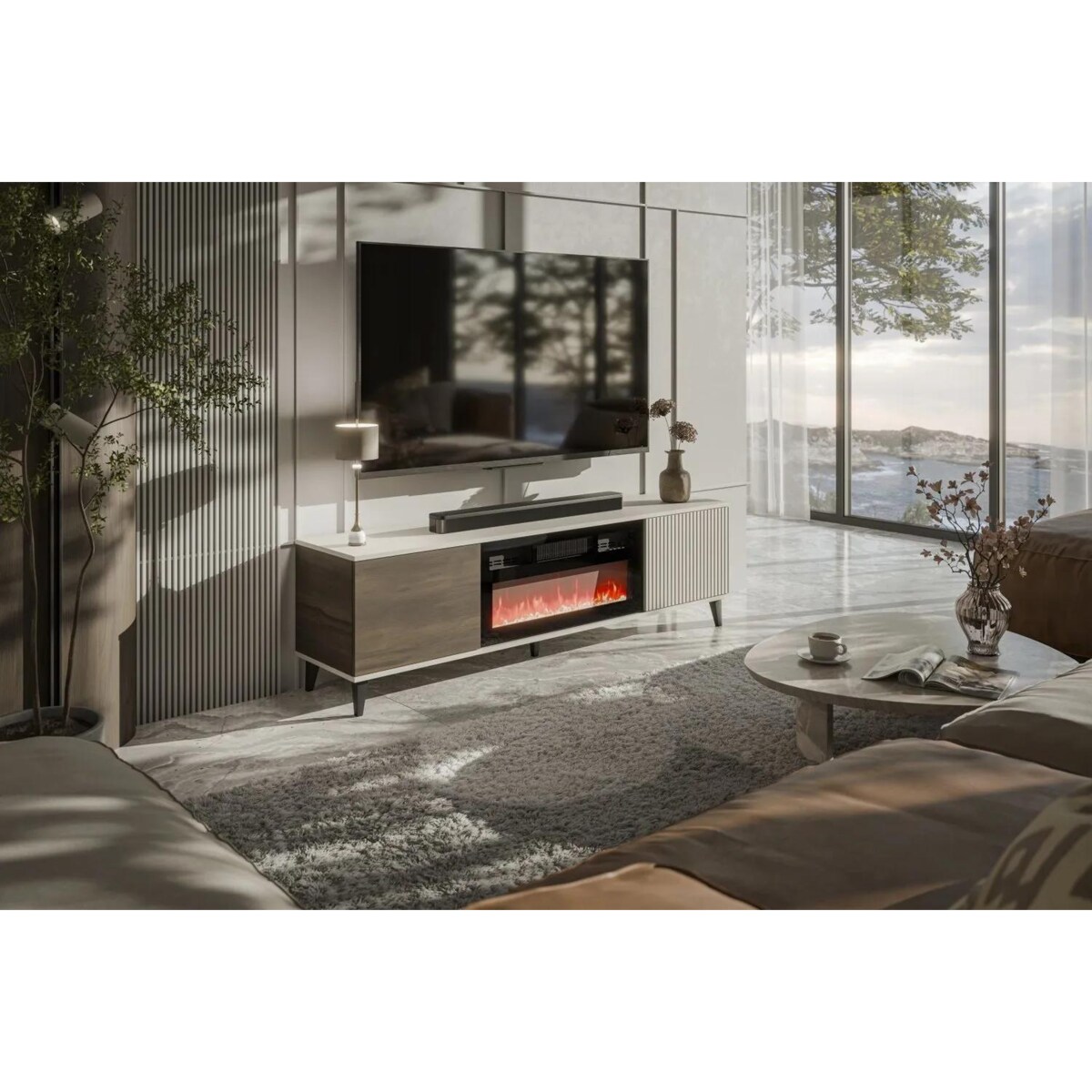 Szafka RTV RANDOM 2 180cm orzech/kaszmirowa z kominkiem elektrycznym