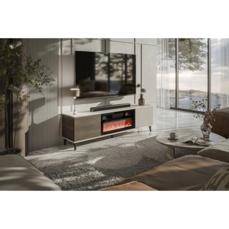 Szafka RTV RANDOM 2 180cm orzech/kaszmirowa z kominkiem elektrycznym