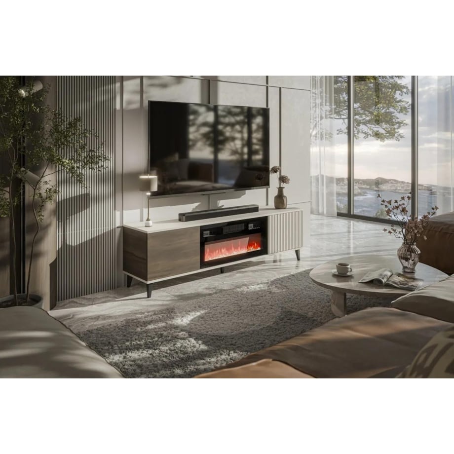 Szafka RTV RANDOM 2 180cm orzech/kaszmirowa z kominkiem elektrycznym