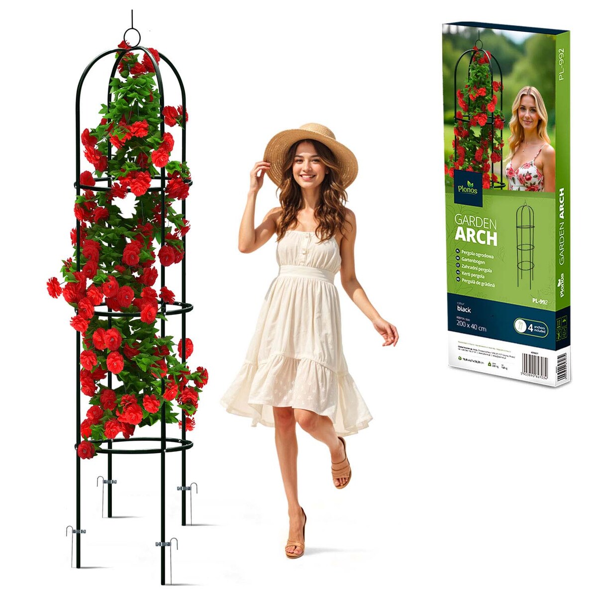 Pergola ogrodowa czarna na kwiaty róże 200x40cm + kotwy Plonos