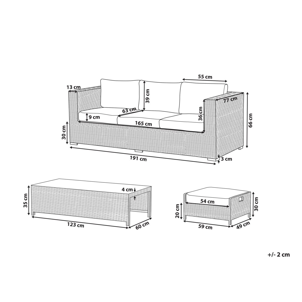 Zestaw ogrodowy z technorattanu 3-osobowy brązowy BELLUNO