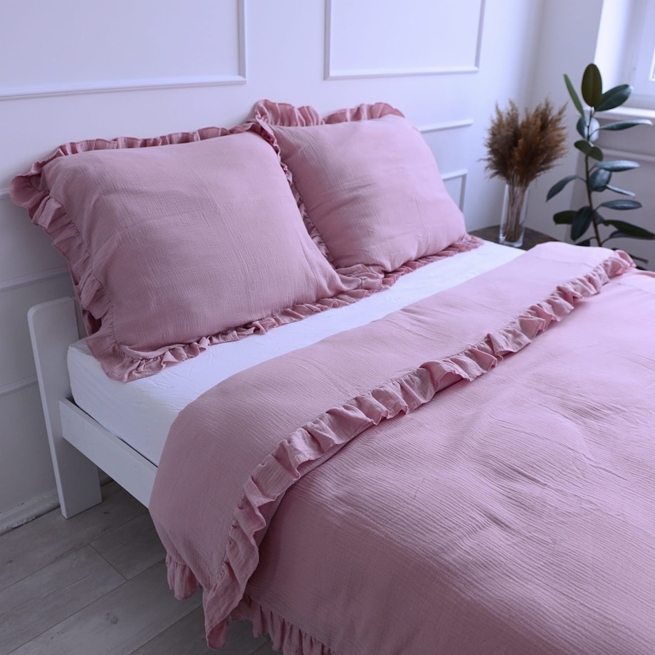 Pościel Muślinowa Z Falbanką Komplet Zestaw Do Sypialni Boho Róż Dziecięca 140X200 Cm + Poduszka 70X80 Cm