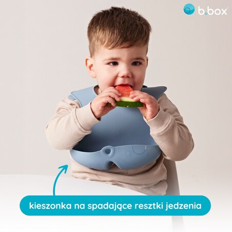 Śliniak silikonowy z kieszonką zwijany dla dziecka i niemowlaka niebieski, b.box