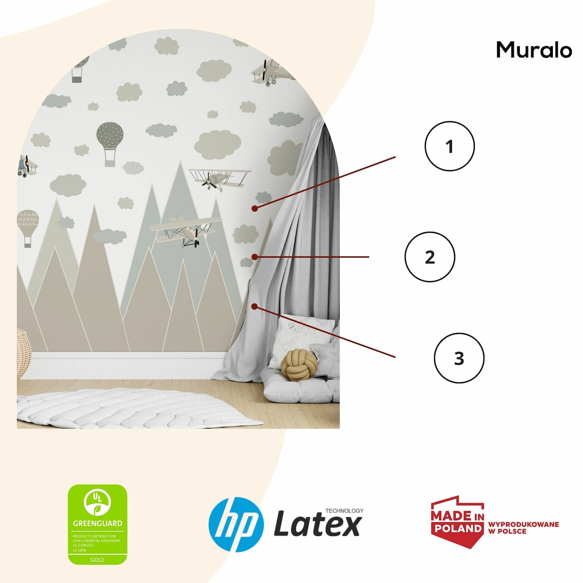 NAKLEJKI ŚCIENNE DLA DZIECI BEŻOWE GÓRY SAMOLOTY BALONY RETRO ZESTAW