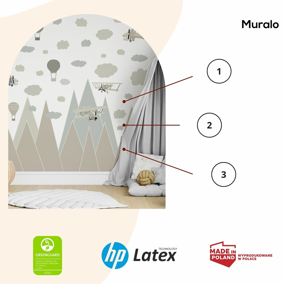 NAKLEJKI ŚCIENNE DLA DZIECI BEŻOWE GÓRY SAMOLOTY BALONY RETRO ZESTAW