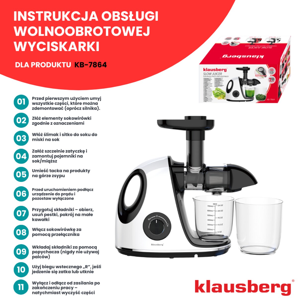 Sokowirówka wolnoobrotowa 150W do owoców i warzyw COLD PRESS KLAUSBERG KB-7864