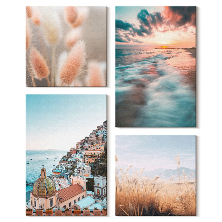Zestaw 4 obrazów na płótnie - Morze zachód słońca domy kwiaty - turkusowy
