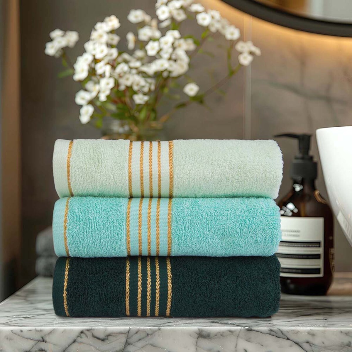 Ręcznik kąpielowy 50x90 cm bawełniany kolor zieleń butelkowa z bordiurą w złote paski 500 g/m2 TIWANO
