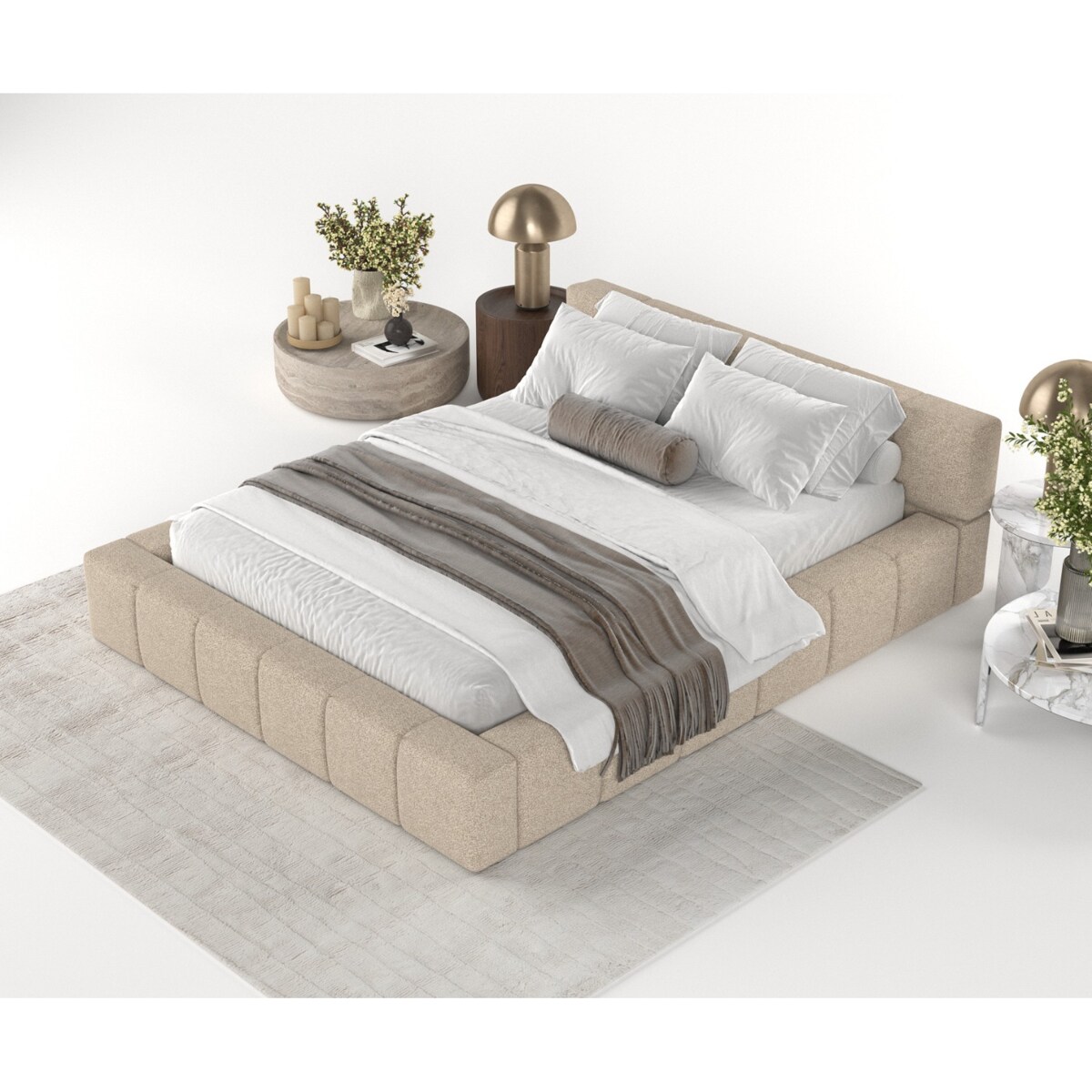 Łóżko tapicerowane MILOS 200x200 z pojemnikiem, Jasny Beż, tkanina Bubble 03