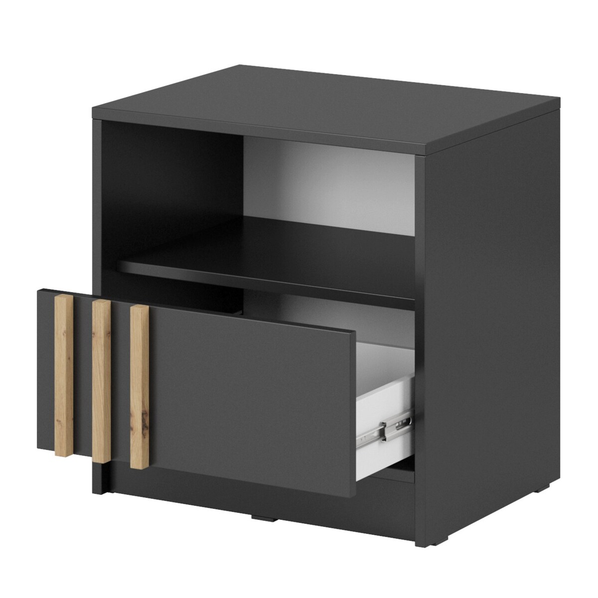 Szafka nocna KELLY z szufladą i półką oraz uchwytem z lameli, Grafitowa