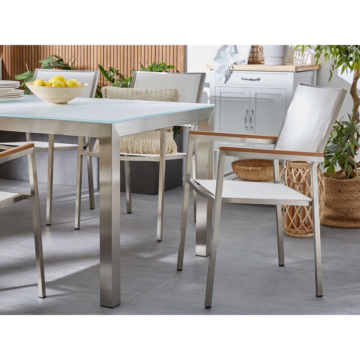 Zestaw ogrodowy stół granit palony dzielony blat czarny i 6 krzeseł beżowych GROSSETO