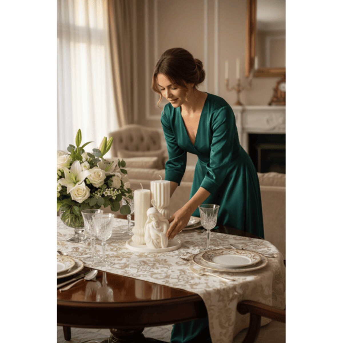 Zestaw świec sojowych Maryja z Dzieciątkiem na dekoracyjnej tacy – subtelny prezent z torbą prezentową GRATIS