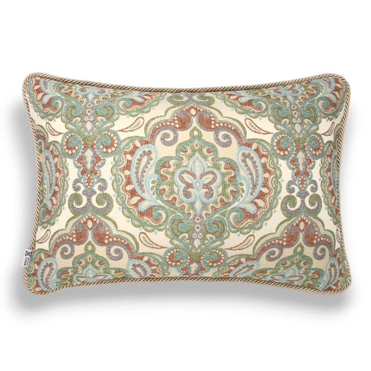 Kremowa - miętowa poduszka dekoracyjna w ornamenty 60x40 Rani